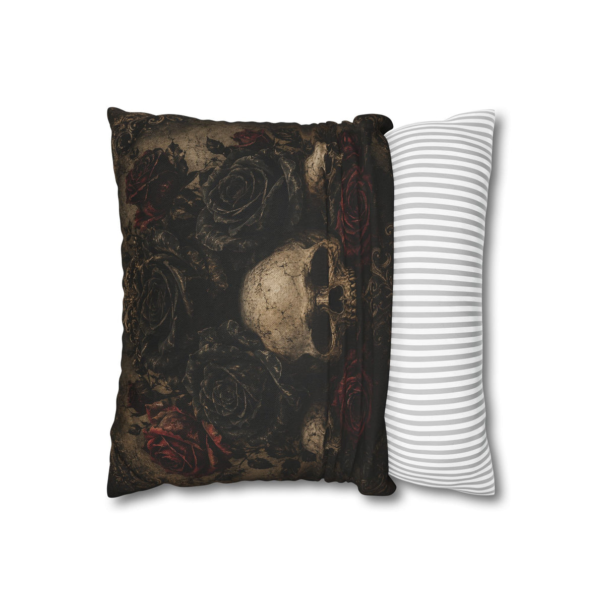 Gothic Skull & Roses Pillowcase — Dark Vintage Decorative Throw Pillow Cover