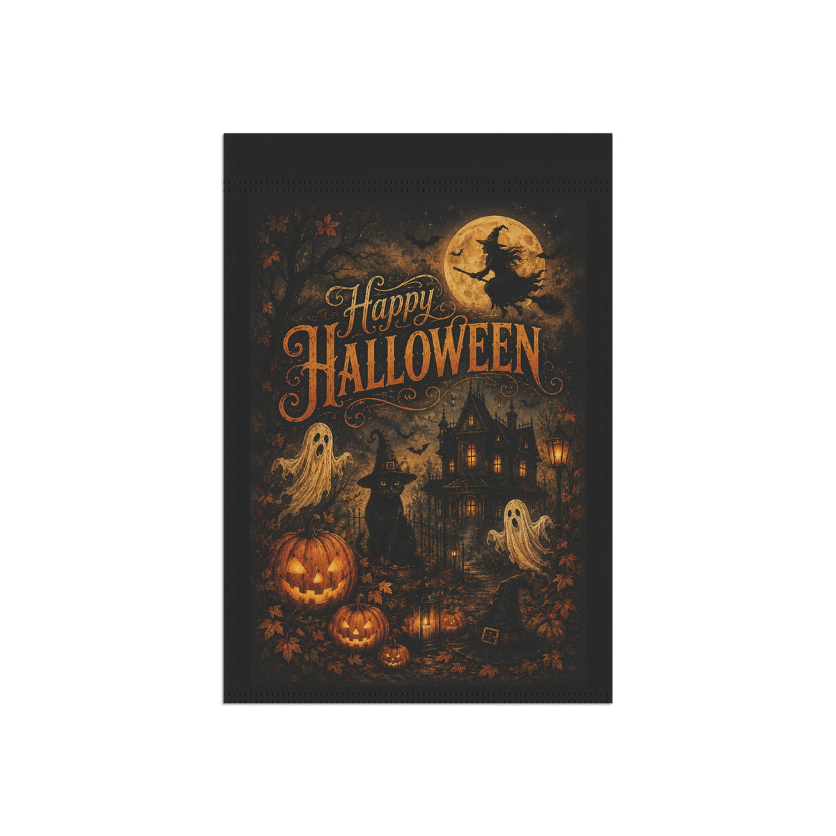 Halloween Garden Flag — "Happy Halloween" Haunted House Pumpkin Ghosts Banner