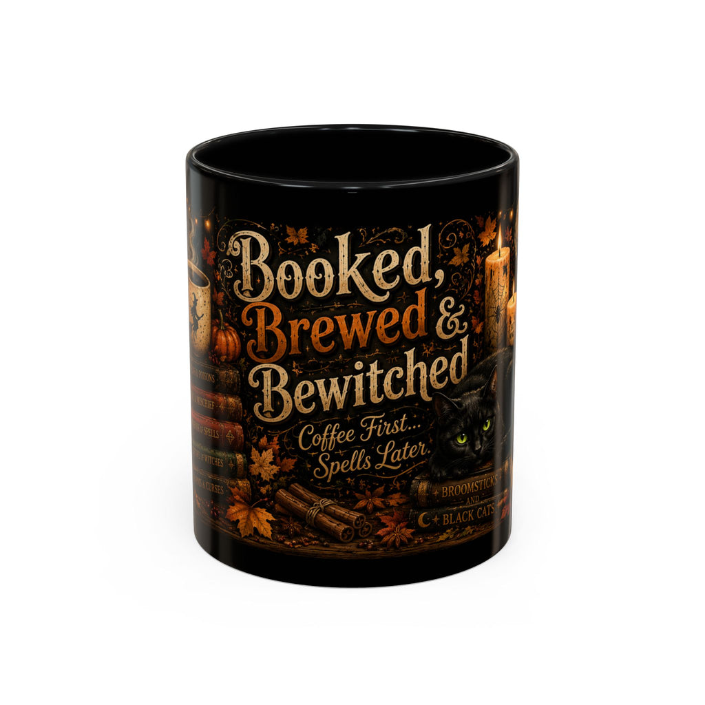 Bookish Halloween Coffee Mug — "Booked, Brewed & Bewitched" Accent Mug