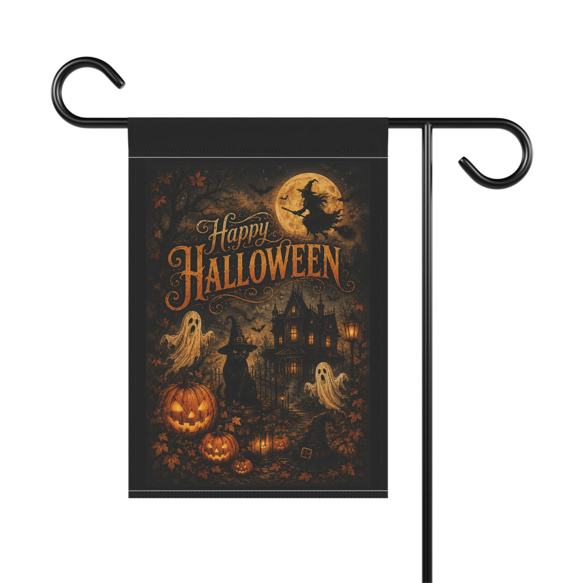 Halloween Garden Flag — "Happy Halloween" Haunted House Pumpkin Ghosts Banner