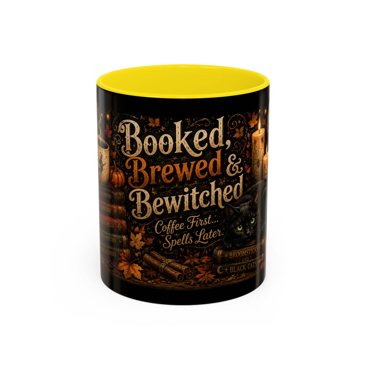 Bookish Halloween Coffee Mug — "Booked, Brewed & Bewitched" Accent Mug
