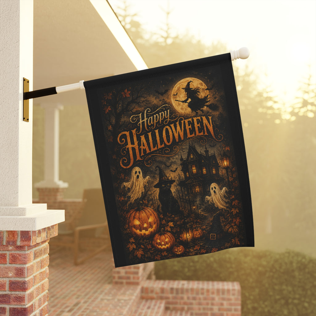 Halloween Garden Flag — "Happy Halloween" Haunted House Pumpkin Ghosts Banner