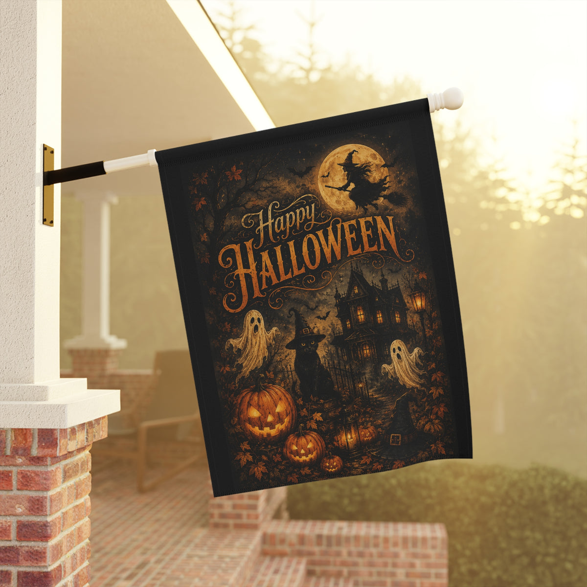Halloween Garden Flag — "Happy Halloween" Haunted House Pumpkin Ghosts Banner