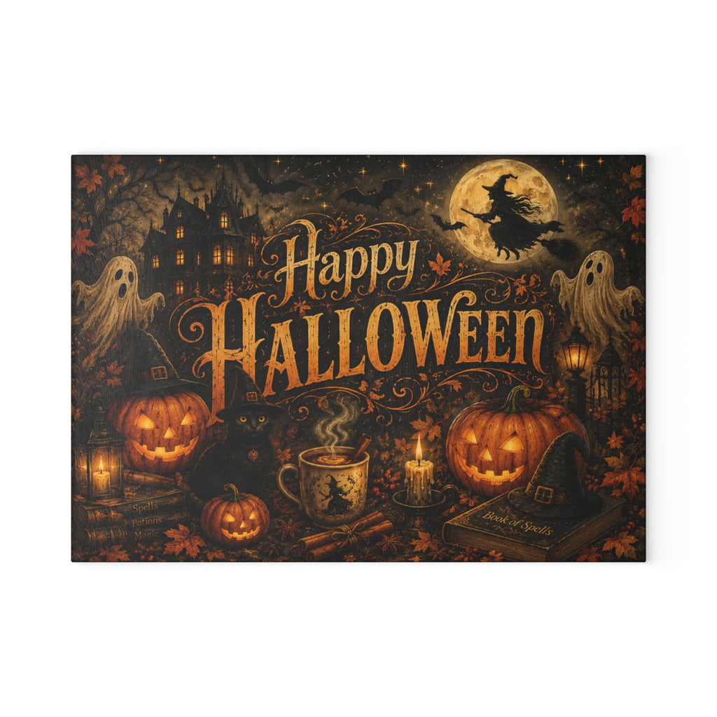 Happy Halloween Glass Cutting Board — Spooky Pumpkin & Ghosts Kitchen Décor