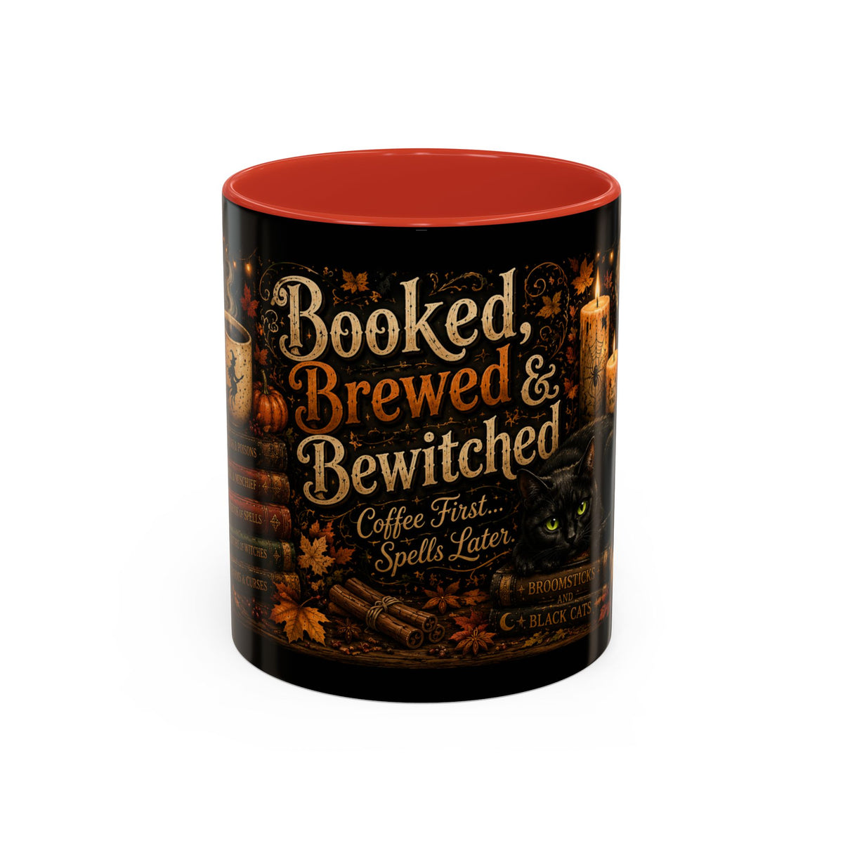 Bookish Halloween Coffee Mug — "Booked, Brewed & Bewitched" Accent Mug