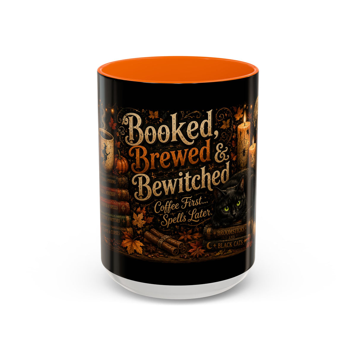 Bookish Halloween Coffee Mug — "Booked, Brewed & Bewitched" Accent Mug