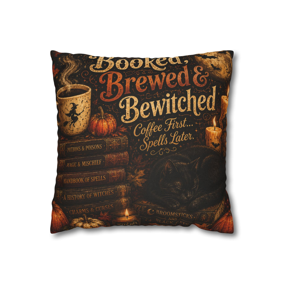 Bewitched & Brewed Coffee Pillowcase — Halloween Witchy Throw Pillow