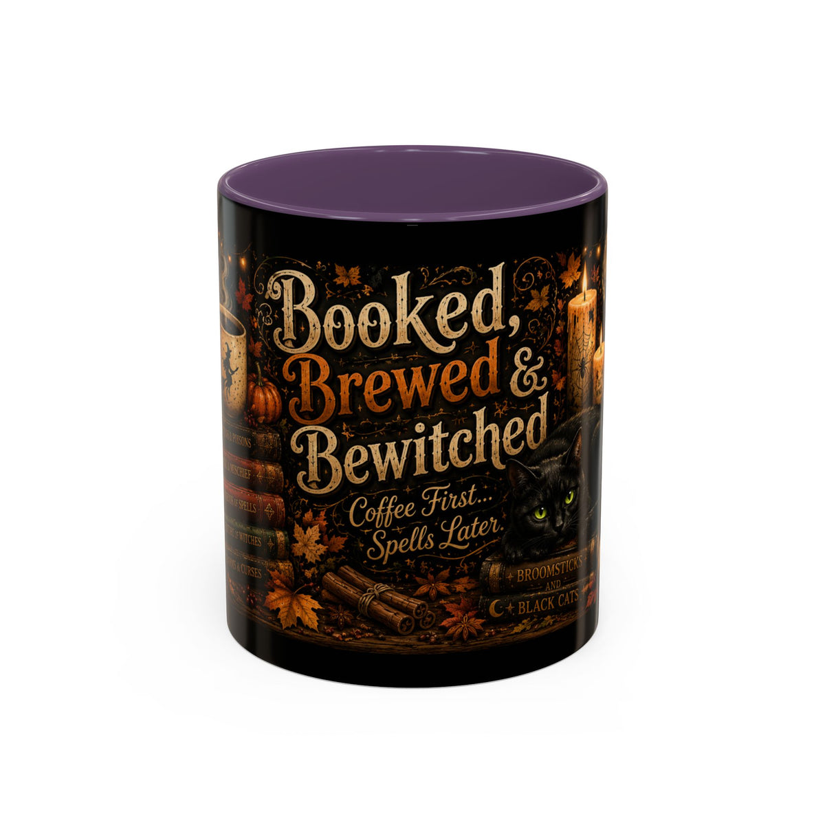 Bookish Halloween Coffee Mug — "Booked, Brewed & Bewitched" Accent Mug