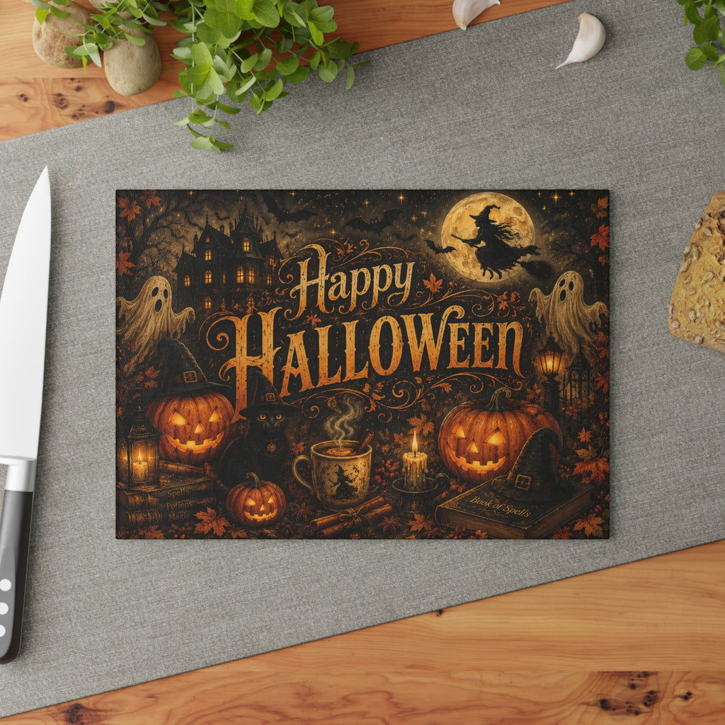 Happy Halloween Glass Cutting Board — Spooky Pumpkin & Ghosts Kitchen Décor