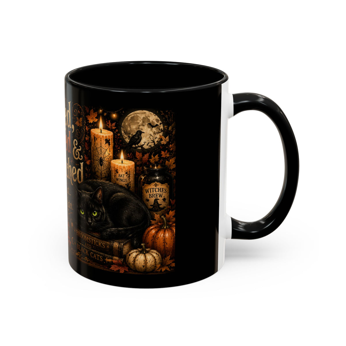 Bookish Halloween Coffee Mug — "Booked, Brewed & Bewitched" Accent Mug