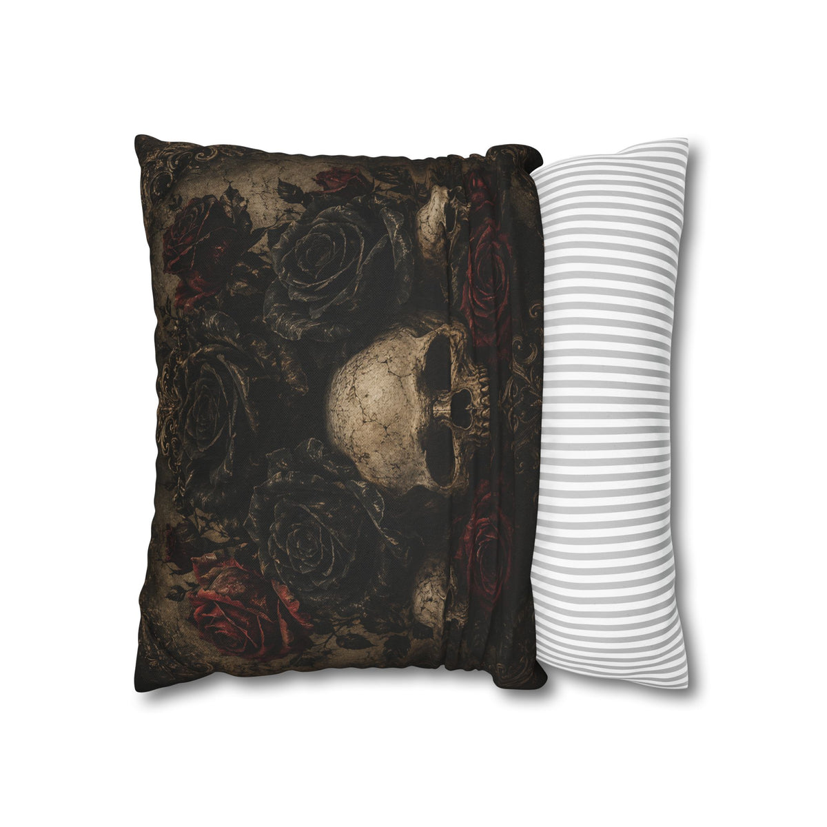 Gothic Skull & Roses Pillowcase — Dark Vintage Decorative Throw Pillow Cover