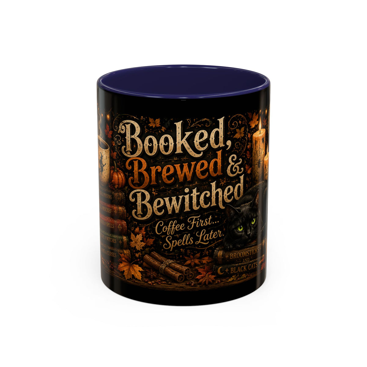 Bookish Halloween Coffee Mug — "Booked, Brewed & Bewitched" Accent Mug