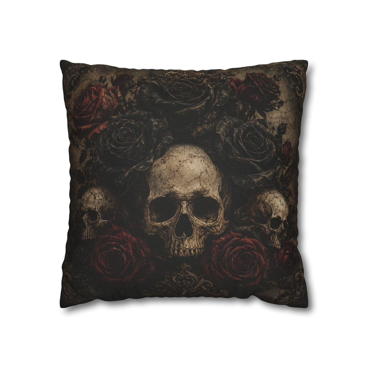 Gothic Skull & Roses Pillowcase — Dark Vintage Decorative Throw Pillow Cover