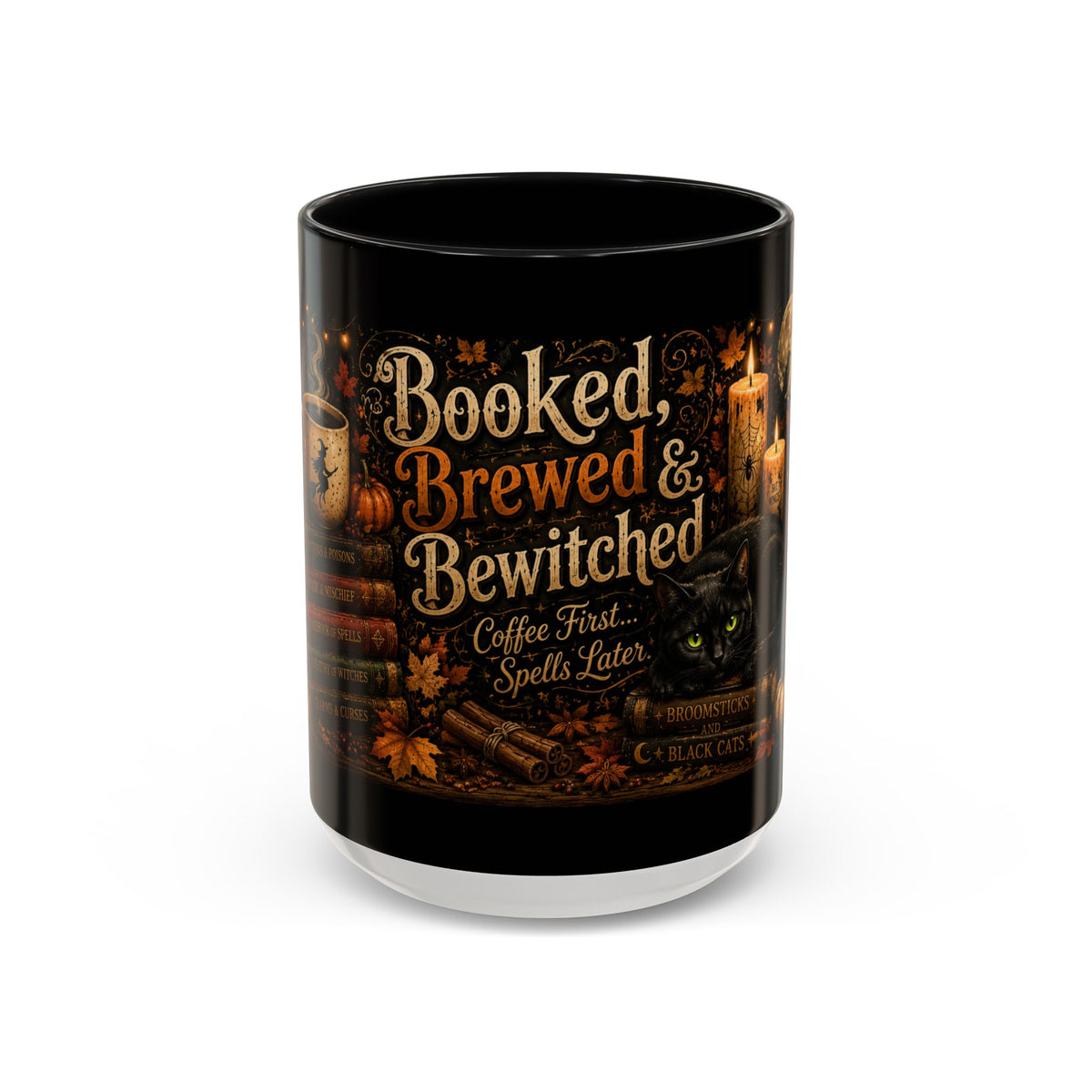 Bookish Halloween Coffee Mug — "Booked, Brewed & Bewitched" Accent Mug