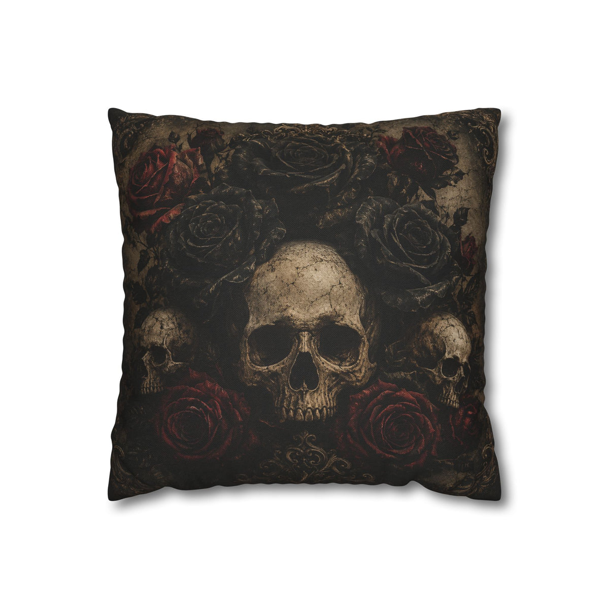 Gothic Skull & Roses Pillowcase — Dark Vintage Decorative Throw Pillow Cover