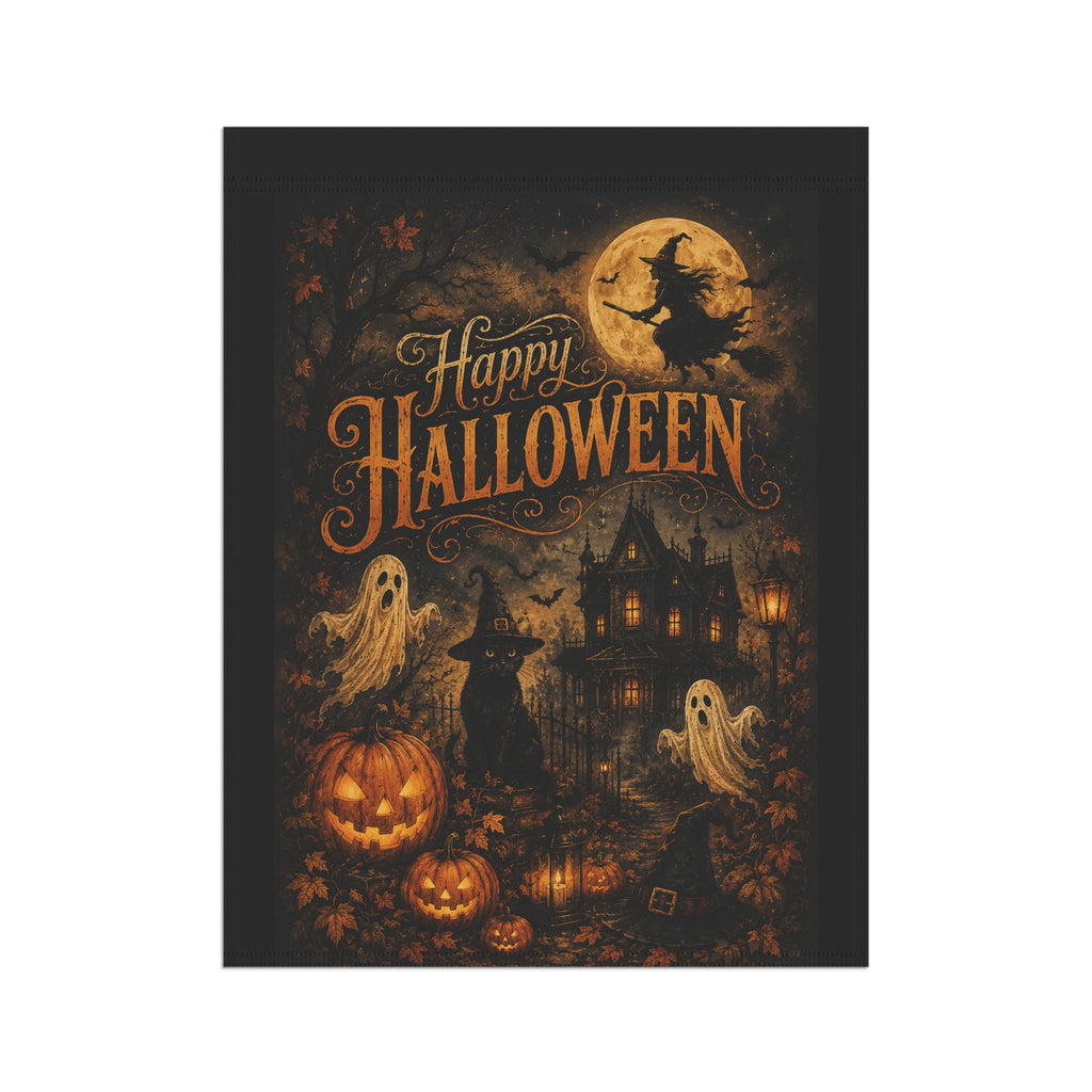 Halloween Garden Flag — "Happy Halloween" Haunted House Pumpkin Ghosts Banner