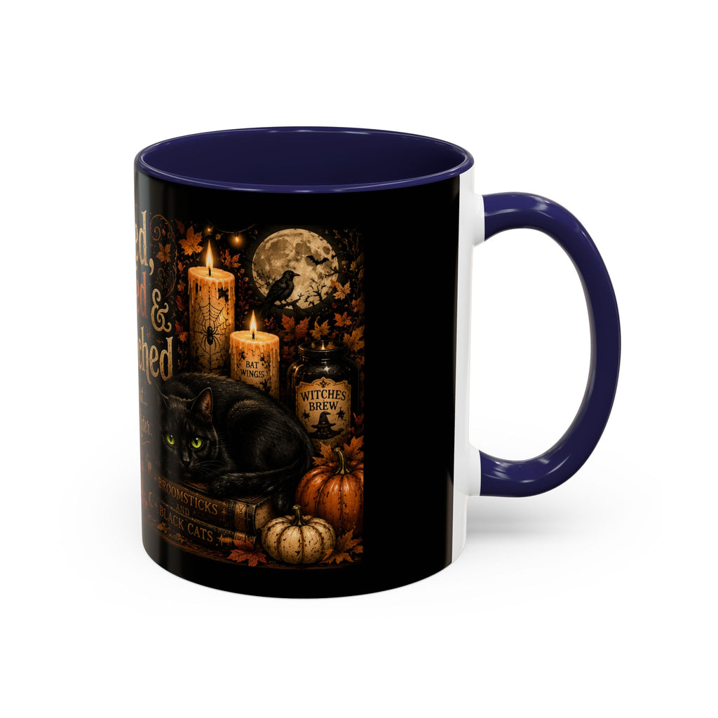 Bookish Halloween Coffee Mug — "Booked, Brewed & Bewitched" Accent Mug