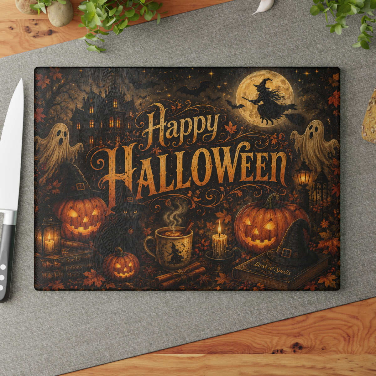 Happy Halloween Glass Cutting Board — Spooky Pumpkin & Ghosts Kitchen Décor