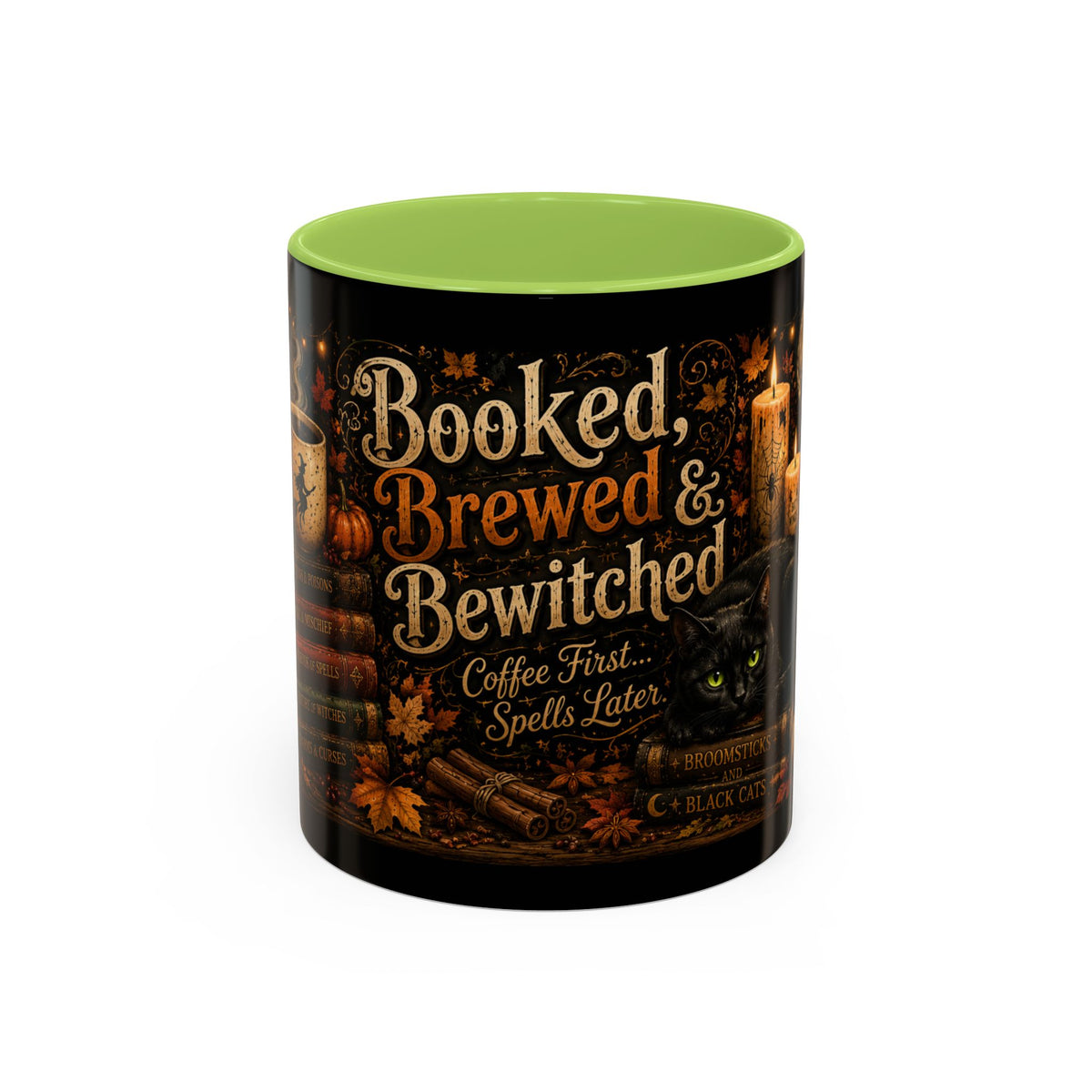 Bookish Halloween Coffee Mug — "Booked, Brewed & Bewitched" Accent Mug