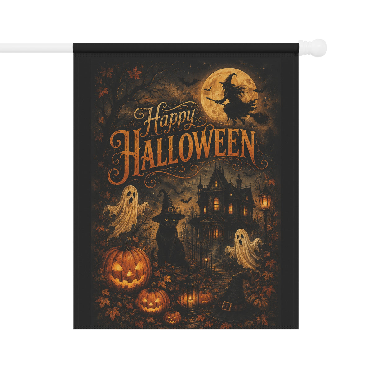 Halloween Garden Flag — "Happy Halloween" Haunted House Pumpkin Ghosts Banner
