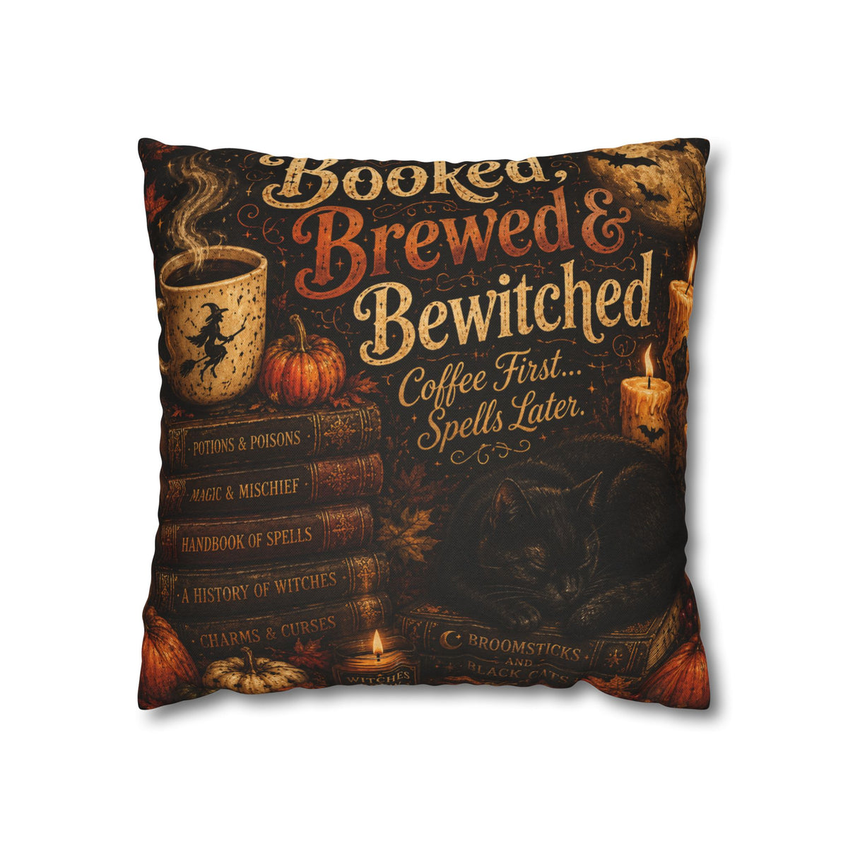 Bewitched & Brewed Coffee Pillowcase — Halloween Witchy Throw Pillow