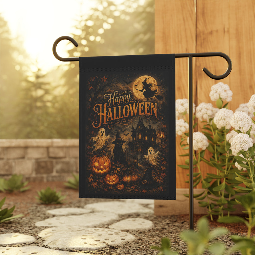 Halloween Garden Flag — "Happy Halloween" Haunted House Pumpkin Ghosts Banner