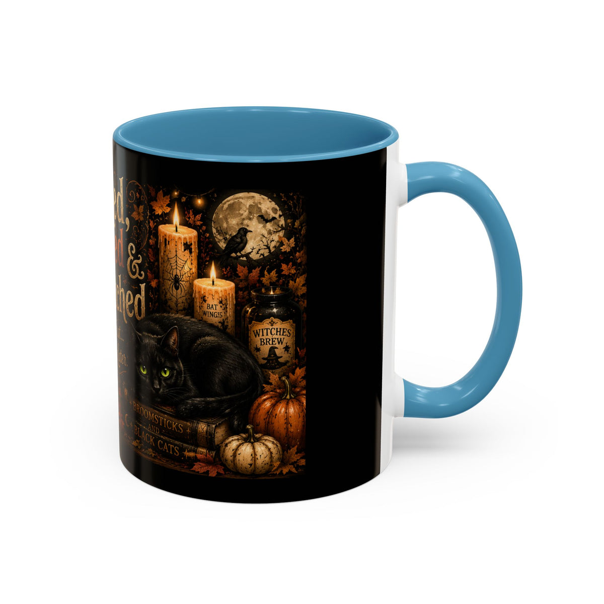 Bookish Halloween Coffee Mug — "Booked, Brewed & Bewitched" Accent Mug