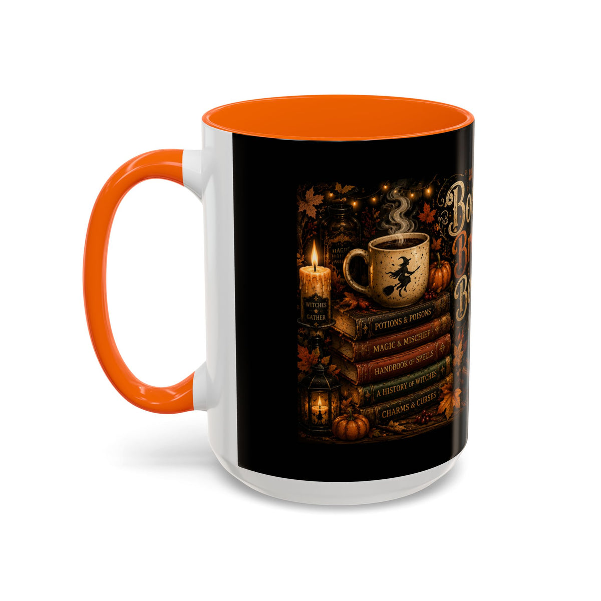 Bookish Halloween Coffee Mug — "Booked, Brewed & Bewitched" Accent Mug
