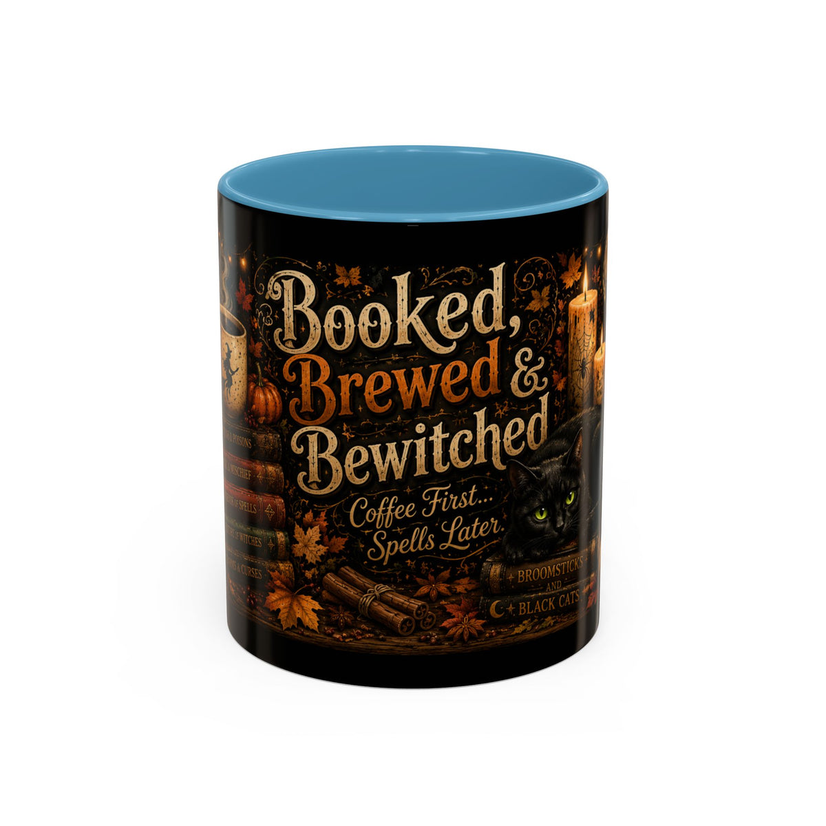 Bookish Halloween Coffee Mug — "Booked, Brewed & Bewitched" Accent Mug