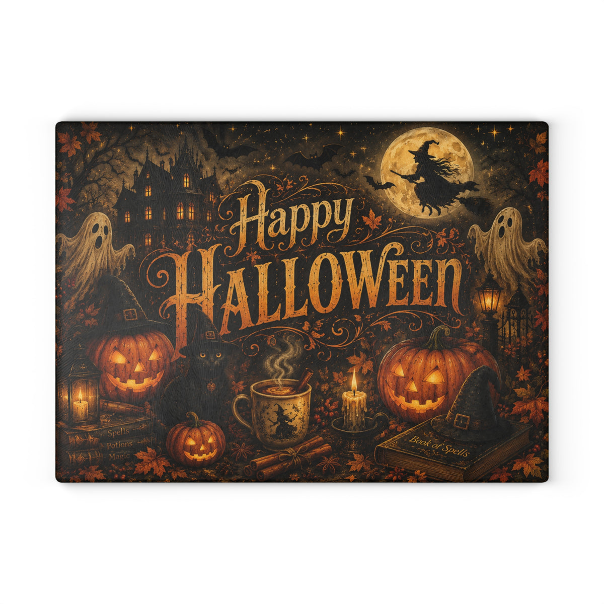 Happy Halloween Glass Cutting Board — Spooky Pumpkin & Ghosts Kitchen Décor